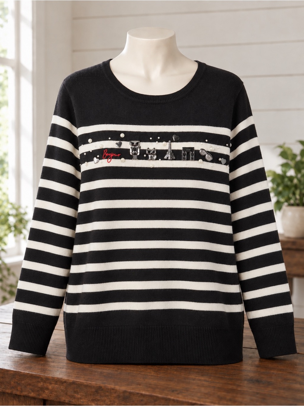 Karl Lagerfeld Paris Bonjour Striped Embellished Sweater Black & White Medium